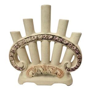 8" Weller 5 Bud Roma Floral Vase Scroll Pink Rose Detail